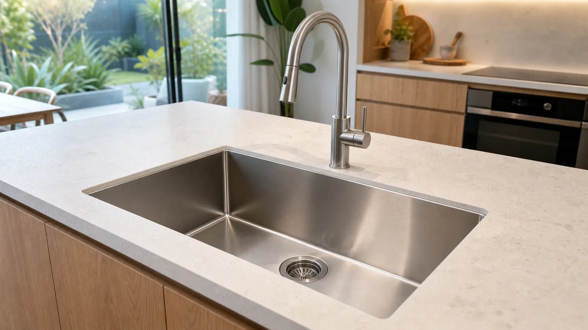 Brushed 304 stainless steel single-bowl sink installed in a contemporary Australian kitchen