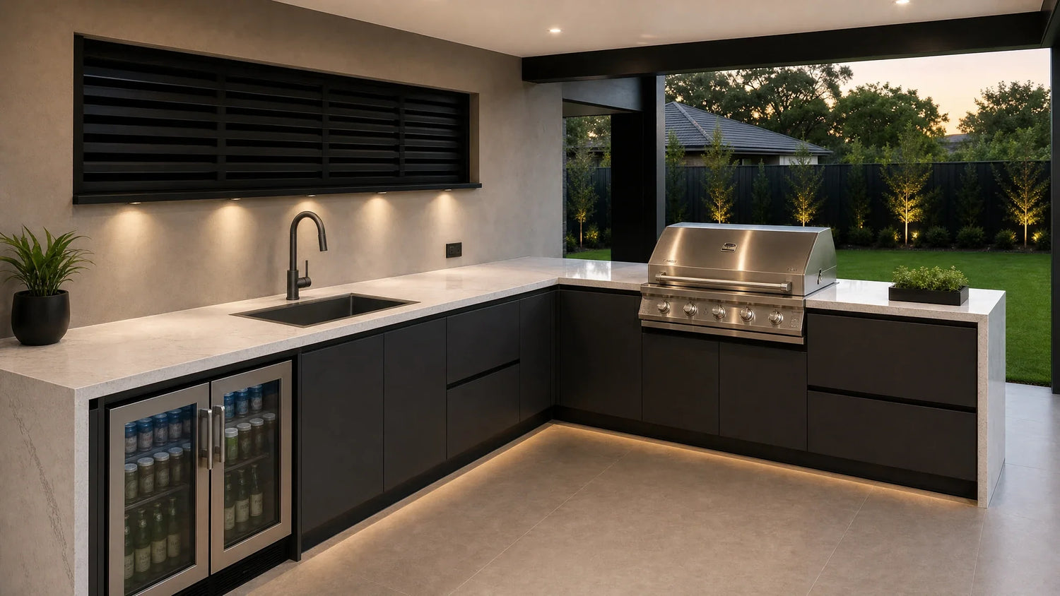 Austral outdoor BBQ kitchen with a Noxwell KSBL-7745 black sink and KMBL-7471 pull-out mixer