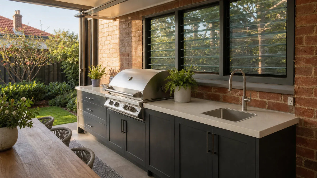 Five Dock semi-open sunroom BBQ area with a square KSSV-4444 stainless steel sink and pull-out kitchen mixer