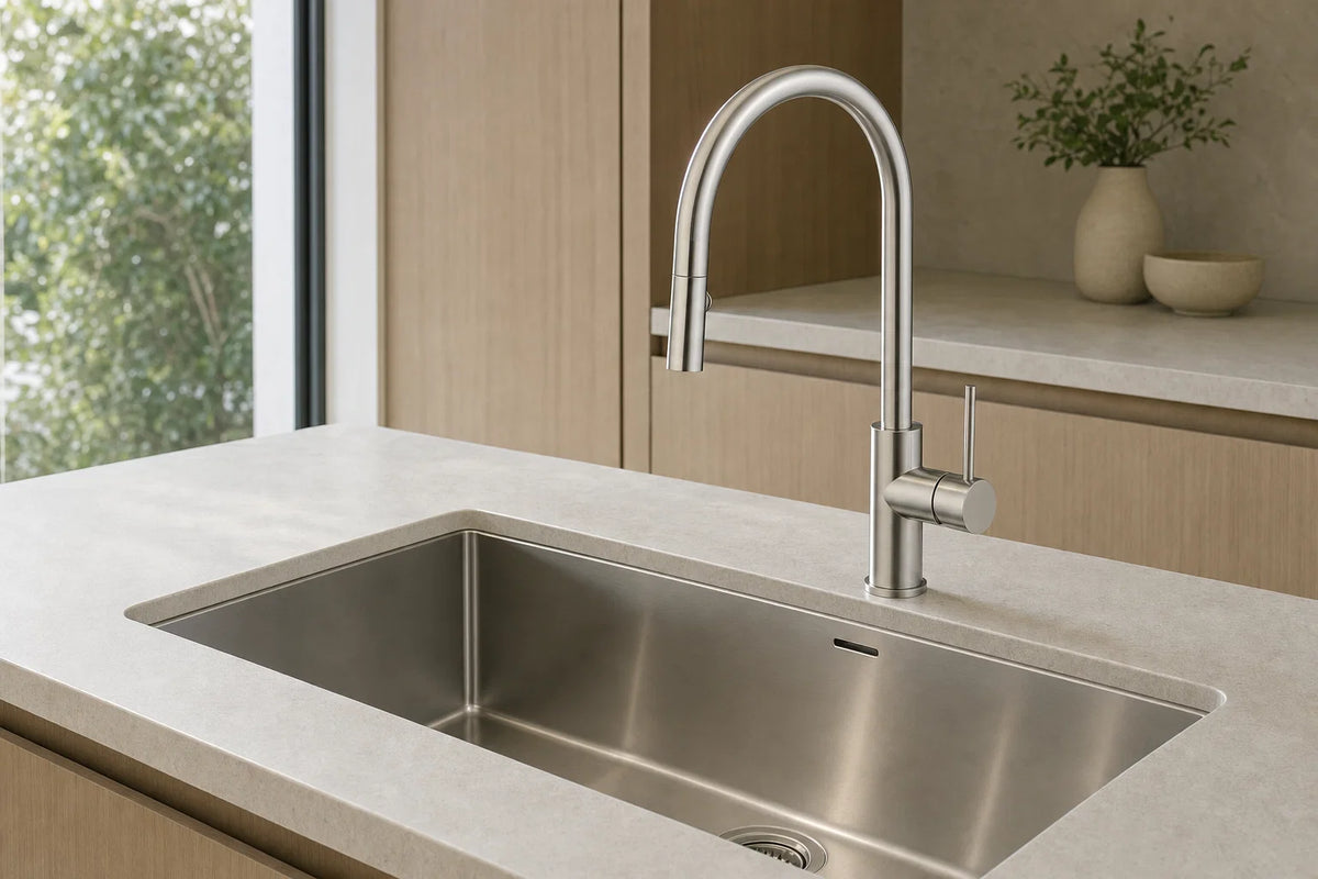 Brushed stainless steel gooseneck kitchen tap installed above a large single bowl sink