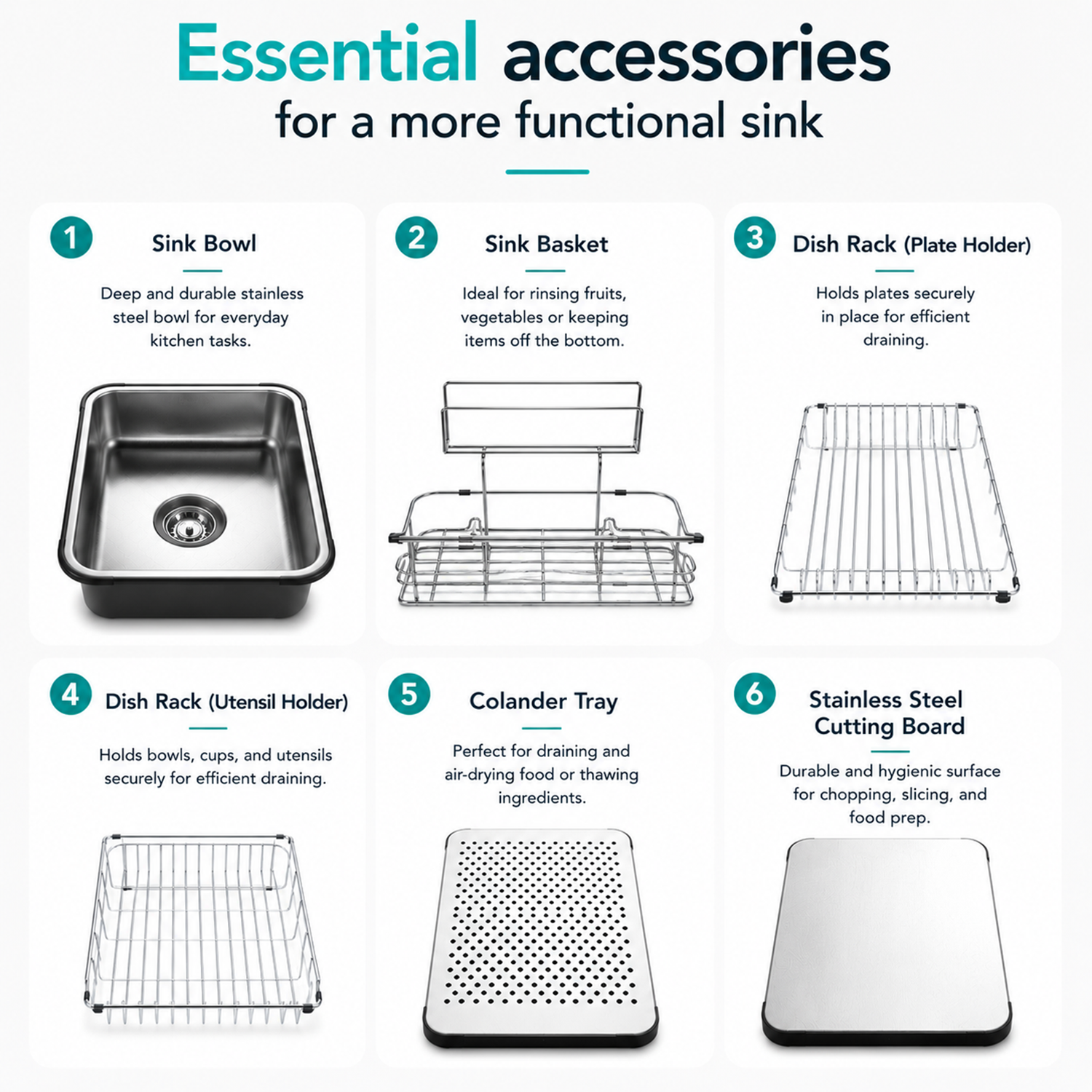 Kitchen sink accessories including sink basket, plate rack, utensil rack, colander tray and stainless steel cutting board