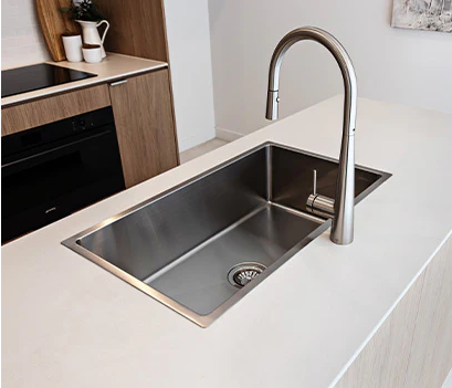 Rhodes apartment kitchen upgraded from a double bowl sink to a Noxwell single bowl sink