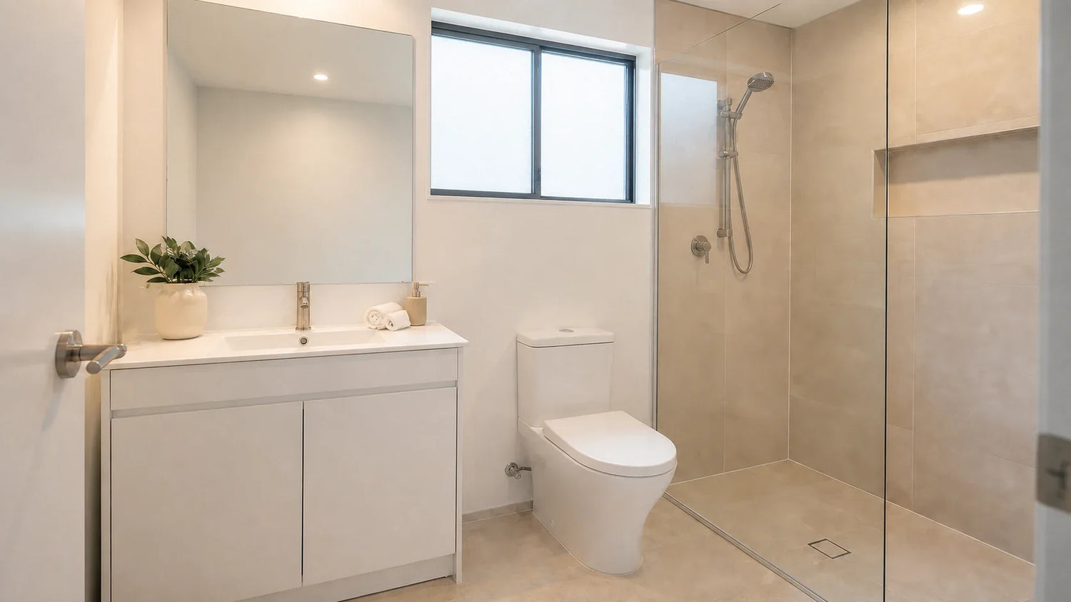 Runaway Bay Gold Coast holiday accommodation bathroom with a white vanity and matching toilet
