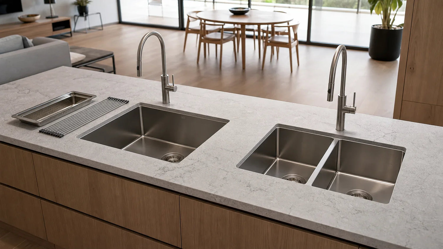 Large single bowl and double bowl stainless steel kitchen sinks compared at the same scale on a kitchen island