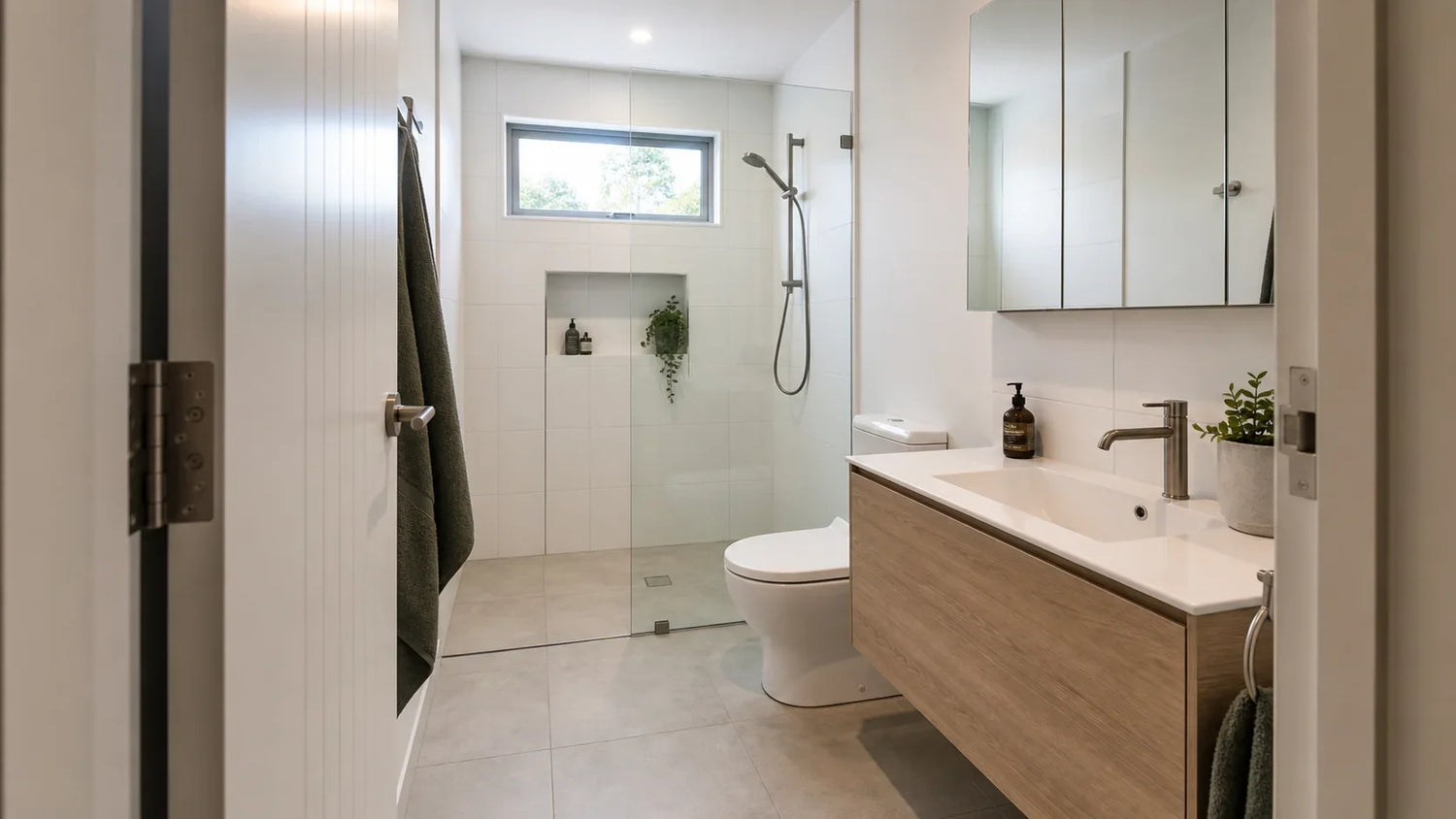 Compact Australian granny flat bathroom with a walk-in shower, toilet, wall-hung vanity and mirror cabinet