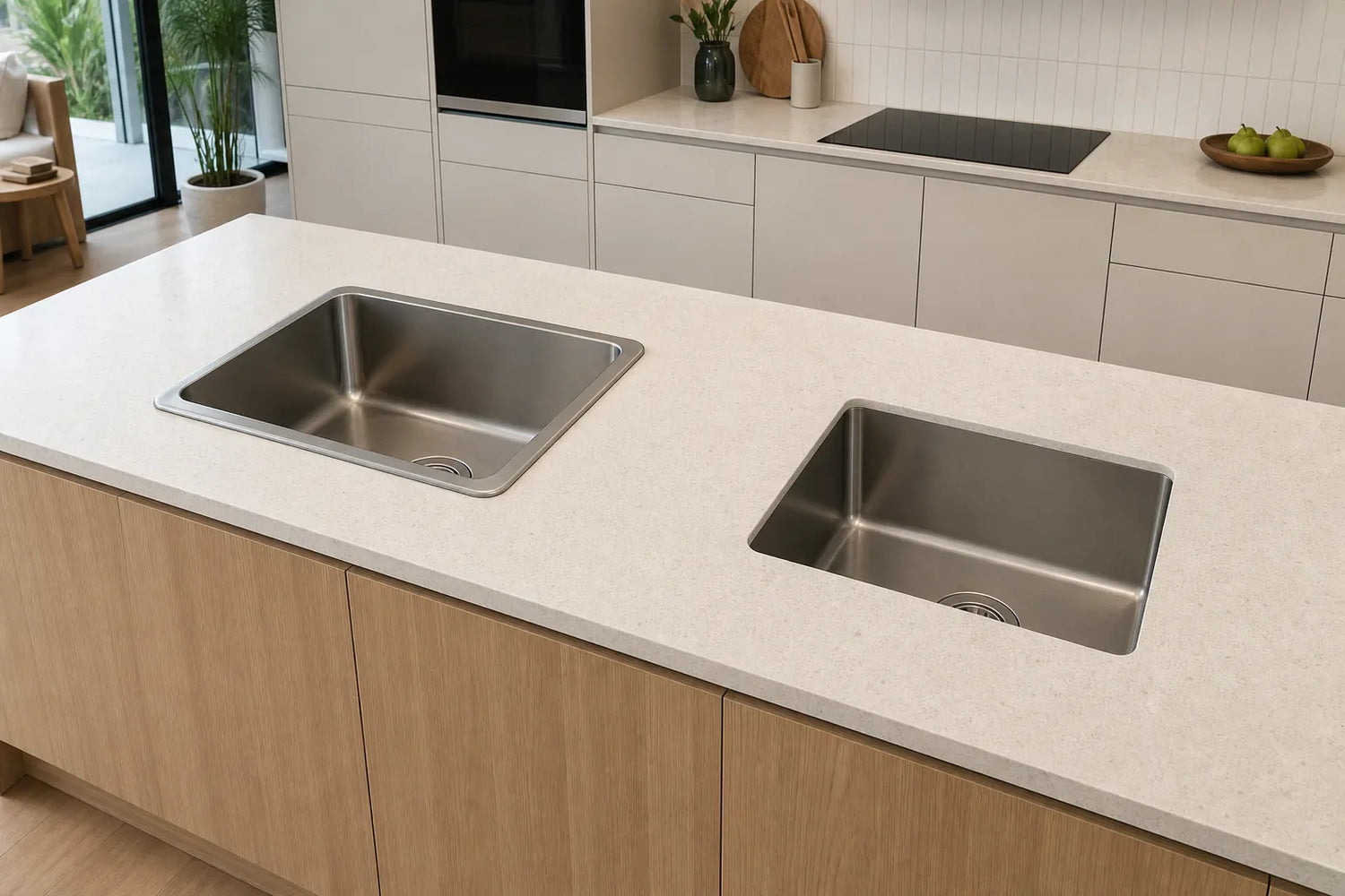 Top mount and undermount stainless steel kitchen sinks compared on a stone island benchtop