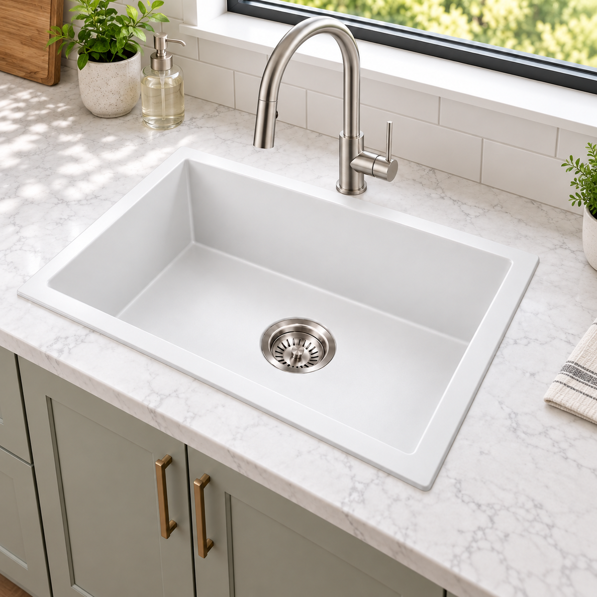 Noxwell KGWH-7045 white granite single bowl kitchen sink installed on a light benchtop