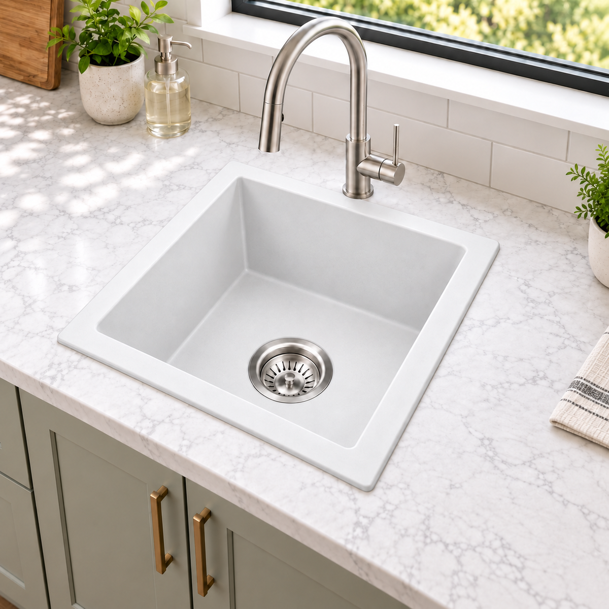 Noxwell KGWH-4545 white granite single bowl kitchen sink installed on a light benchtop