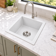 Noxwell KGWH-4545 white granite single bowl kitchen sink installed on a light benchtop
