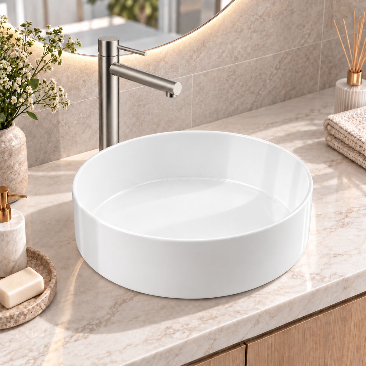 Noxwell AB-3535 gloss white round countertop bathroom basin installed on a vanity