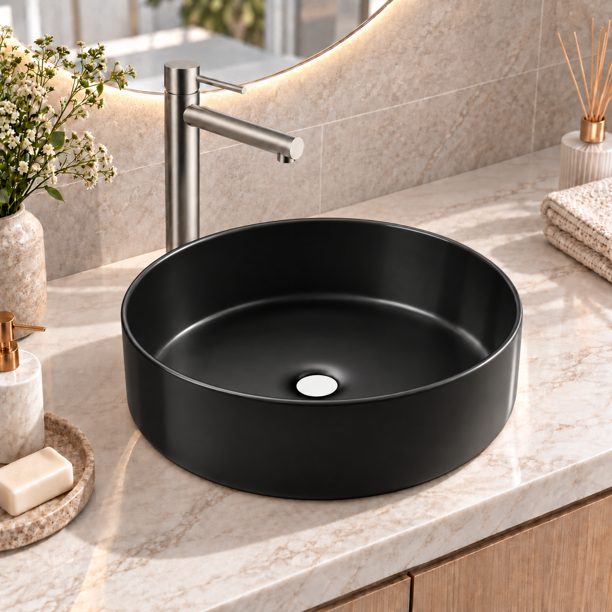 Noxwell AB-3535-B black round countertop bathroom basin on a vanity