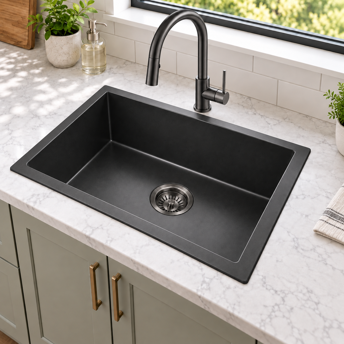 Noxwell KGBL-7045 matte black granite kitchen sink installed with black pull-out mixer