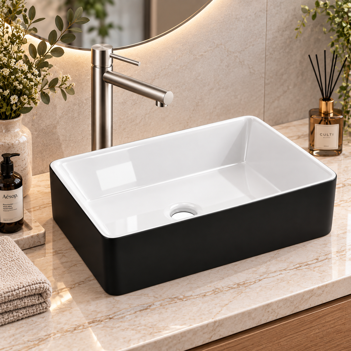 Noxwell AB-4837-B black exterior with gloss white interior rectangular countertop bathroom basin on a vanity