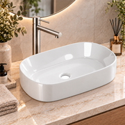 Noxwell AB-5231 gloss white oval countertop basin on a bathroom vanity