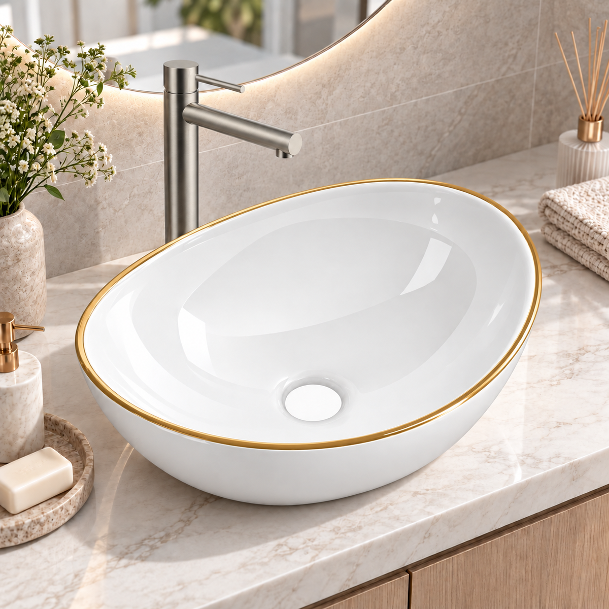 Noxwell AB-4134-G gloss white oval countertop basin with gold rim on a bathroom vanity