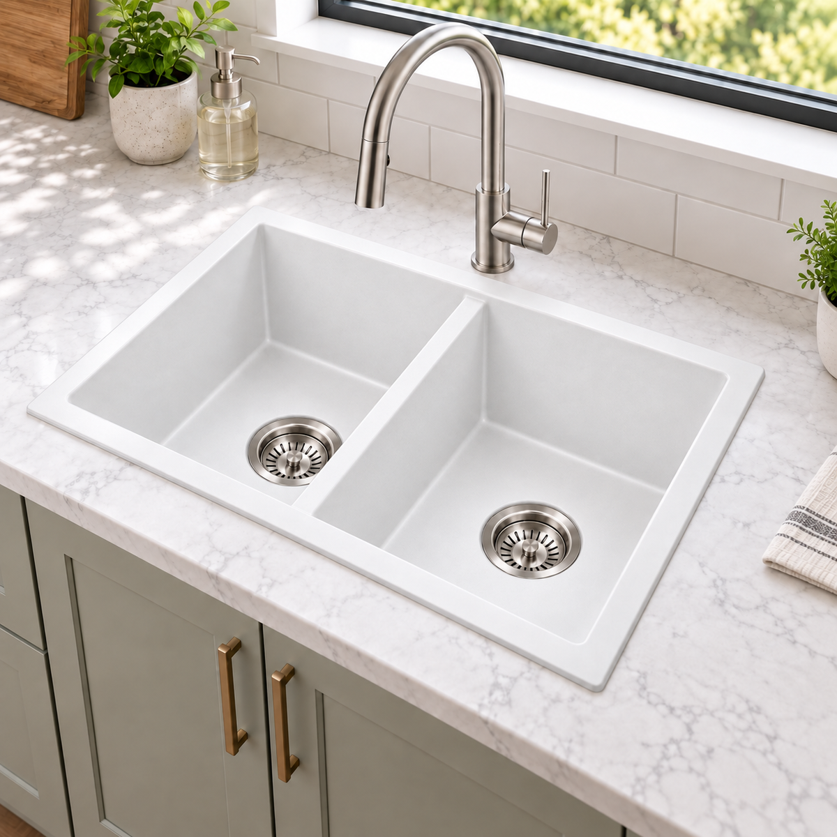 Noxwell KGWH-7745 white granite double bowl kitchen sink installed on a light stone benchtop