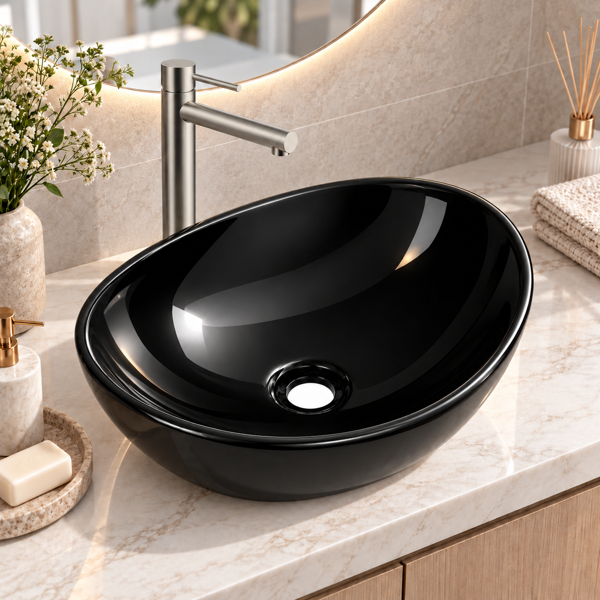 Noxwell AB-4134-B gloss black oval countertop bathroom basin installed on a vanity