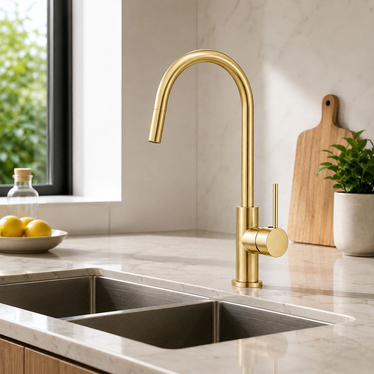 Noxwell Brushed Gold Stainless Steel Pull Out Kitchen Mixer Tap 422mm | KMGL-7471
