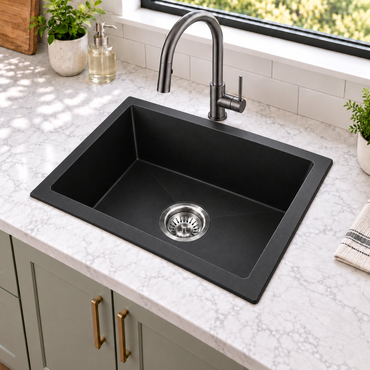 Noxwell KGBL-5545 matte black granite kitchen sink installed with matching dark mixer