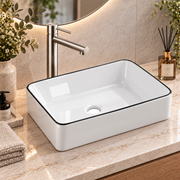 Noxwell AB-4837 gloss white with black rim rectangular countertop bathroom basin on a vanity