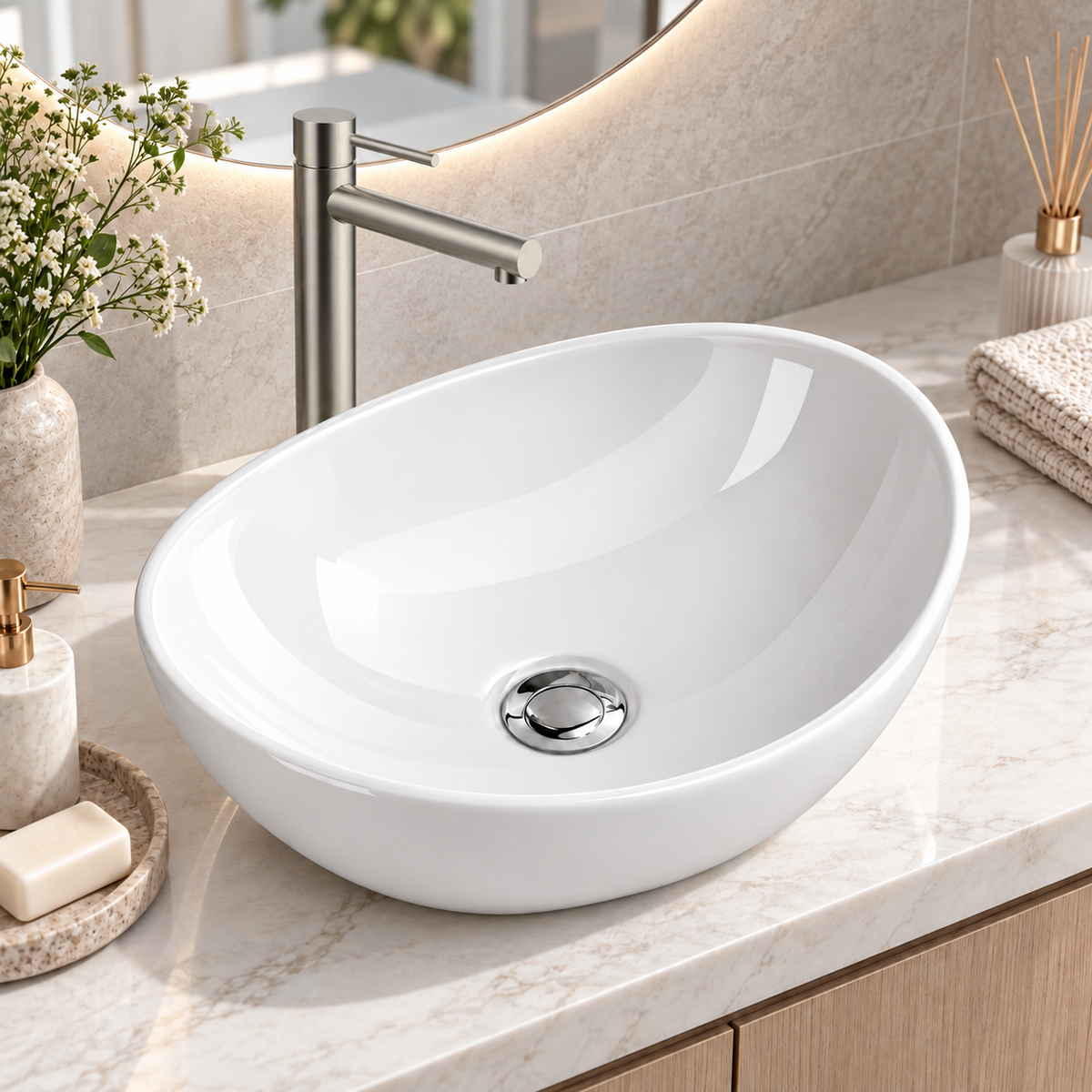 Noxwell AB-4134 gloss white oval countertop bathroom basin installed on a vanity