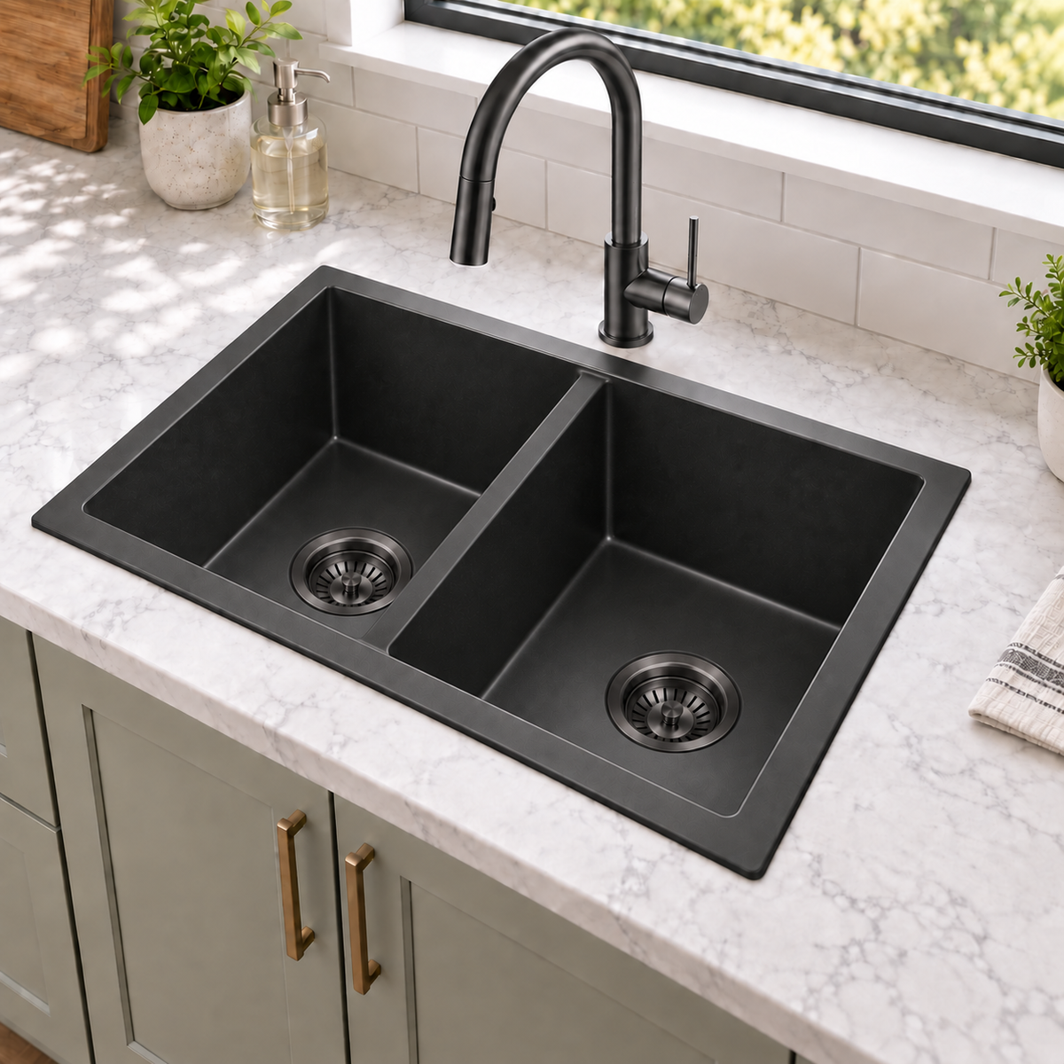 Noxwell KGBL-7745 matte black granite double bowl sink installed with black mixer and gunmetal drains