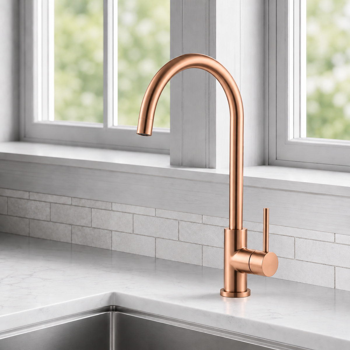 Noxwell KMRG-7470 brushed rose gold kitchen mixer tap installed beside a kitchen sink