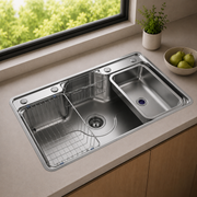 Brushed Stainless Steel Workstation Kitchen Sink Single Bowl with Accessories 802x502mm 220mm Deep Noxwell KSSV-8050 - KSSV-8050 - 802x502mm