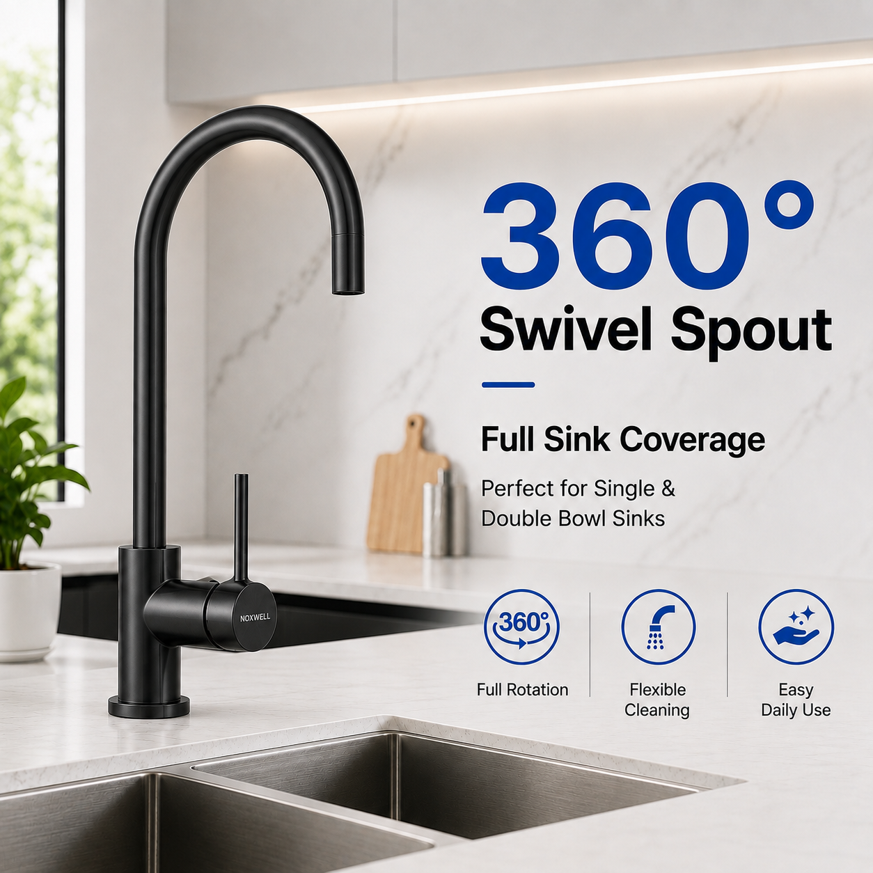 Noxwell KMBL-7471 gun metal black pull out kitchen mixer tap with 360 degree swivel spout feature