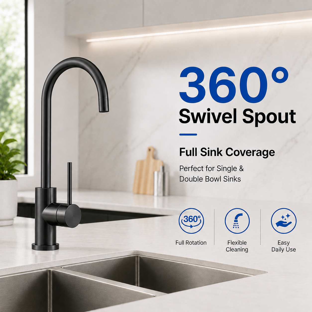 Noxwell KMBL-7470 gun metal black kitchen mixer tap with 360 degree swivel spout feature