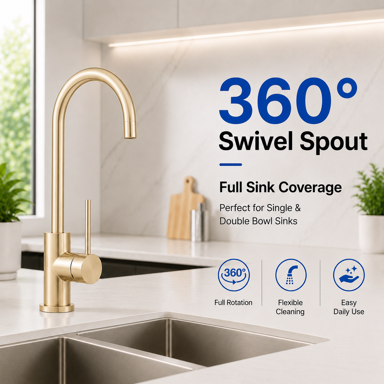 Noxwell Brushed Gold Stainless Steel Pull Out Kitchen Mixer Tap 422mm | KMGL-7471