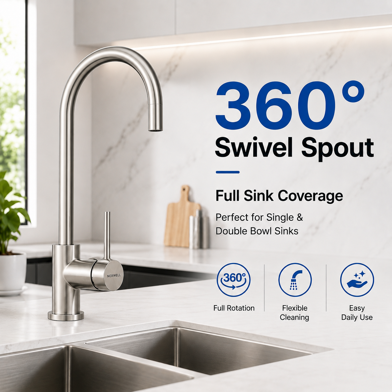 Noxwell Brushed Stainless Steel Pull Out Kitchen Mixer Tap 422mm | KMSV-7471