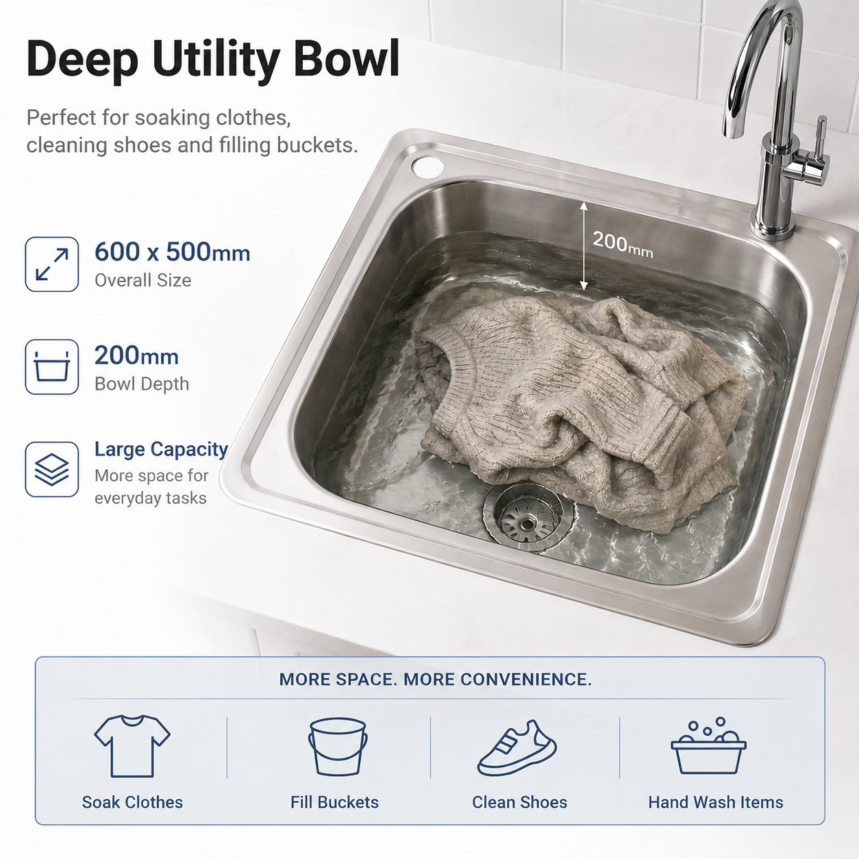600x500mm Noxwell Brushed Stainless Steel Laundry Sink | KSSV-6050