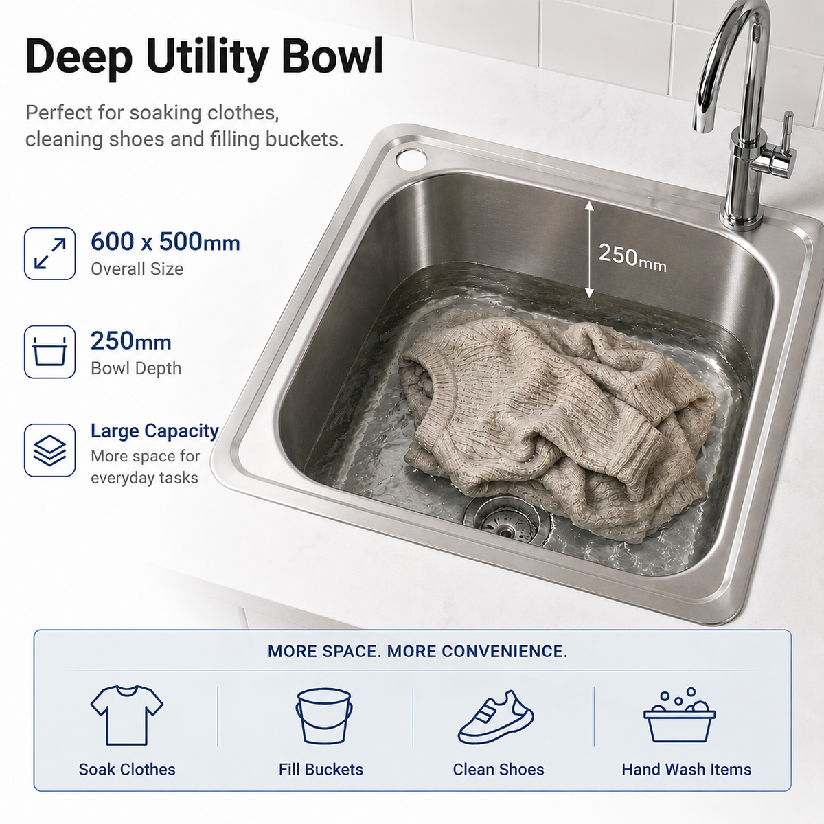 Noxwell KSSV-6050 deep utility bowl for soaking clothes, cleaning shoes and filling buckets
