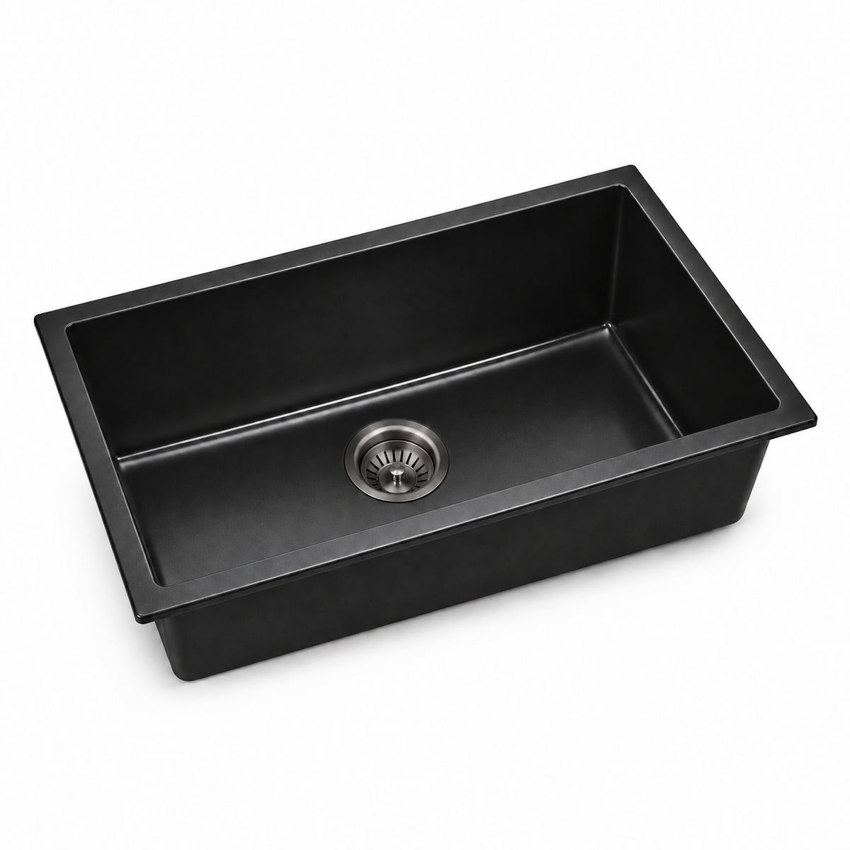 Noxwell KGBL-7045 matte black granite single bowl kitchen sink on white background