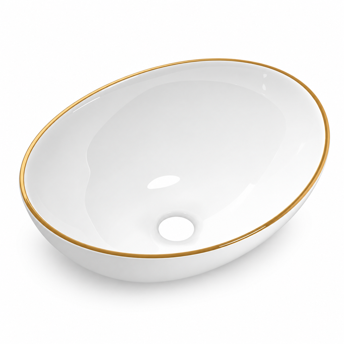 Noxwell AB-4134-G white ceramic oval basin with gold rim on white background