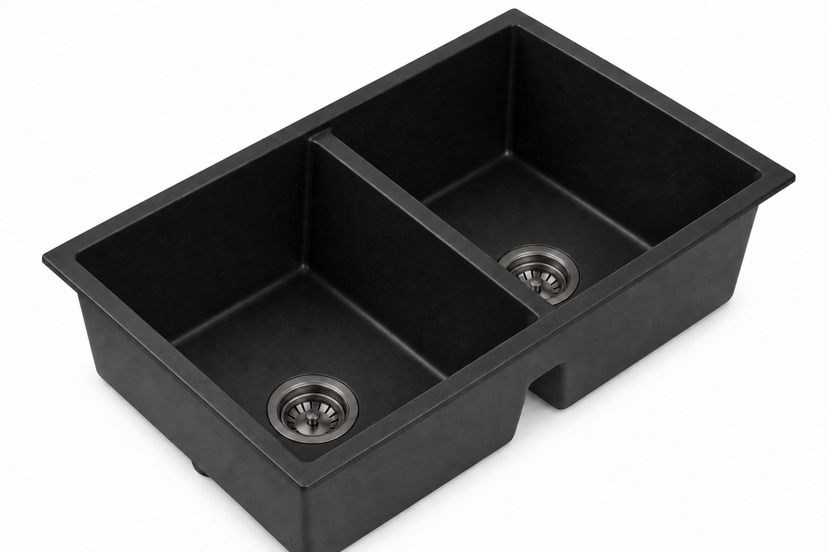 Noxwell KGBL-7745 matte black granite equal double bowl kitchen sink on white background