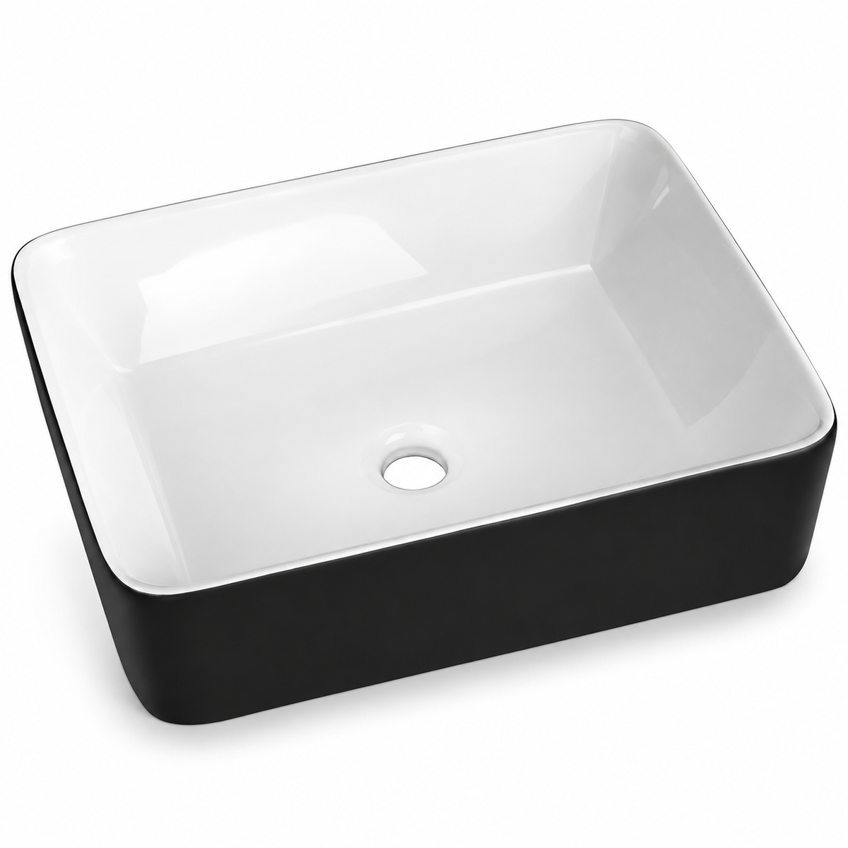 Noxwell AB-4837-B ceramic rectangular basin on white background, black exterior with gloss white interior
