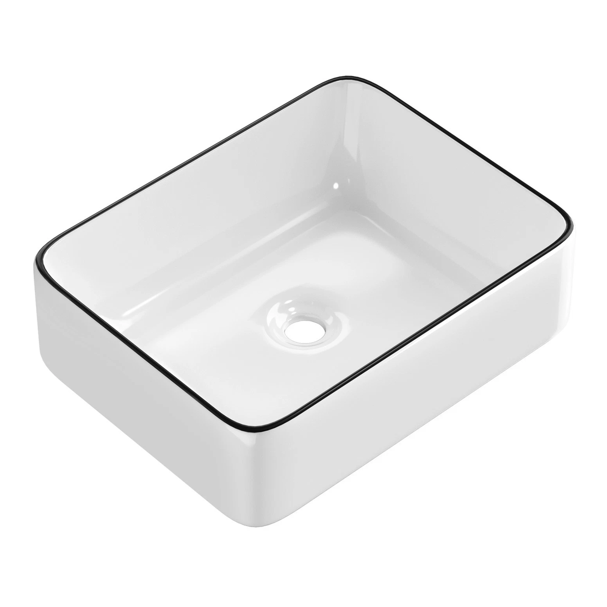 Noxwell AB-4837 ceramic rectangular basin on white background, gloss white with black rim