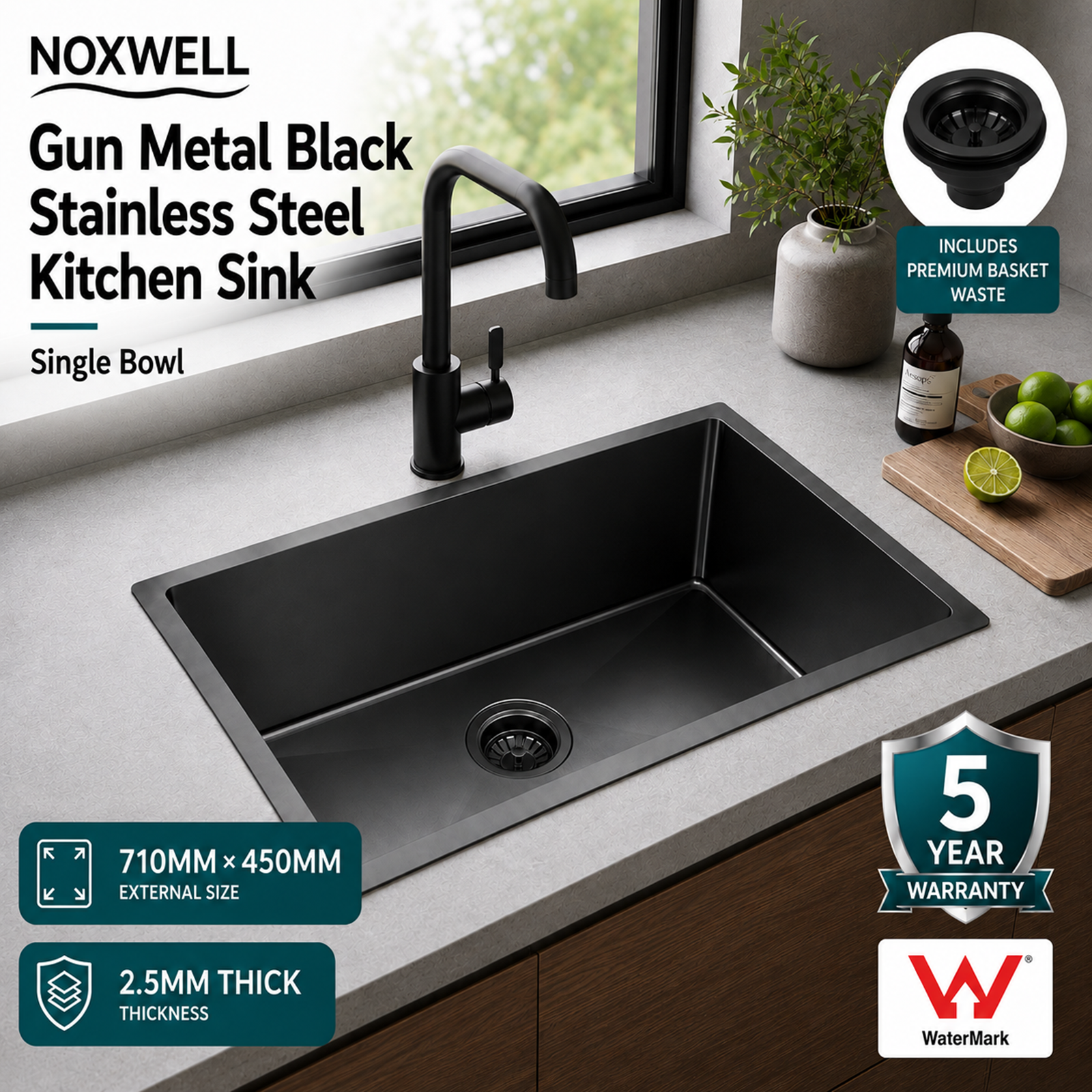 Gunmetal black stainless steel kitchen sink 710x450mm with accessories