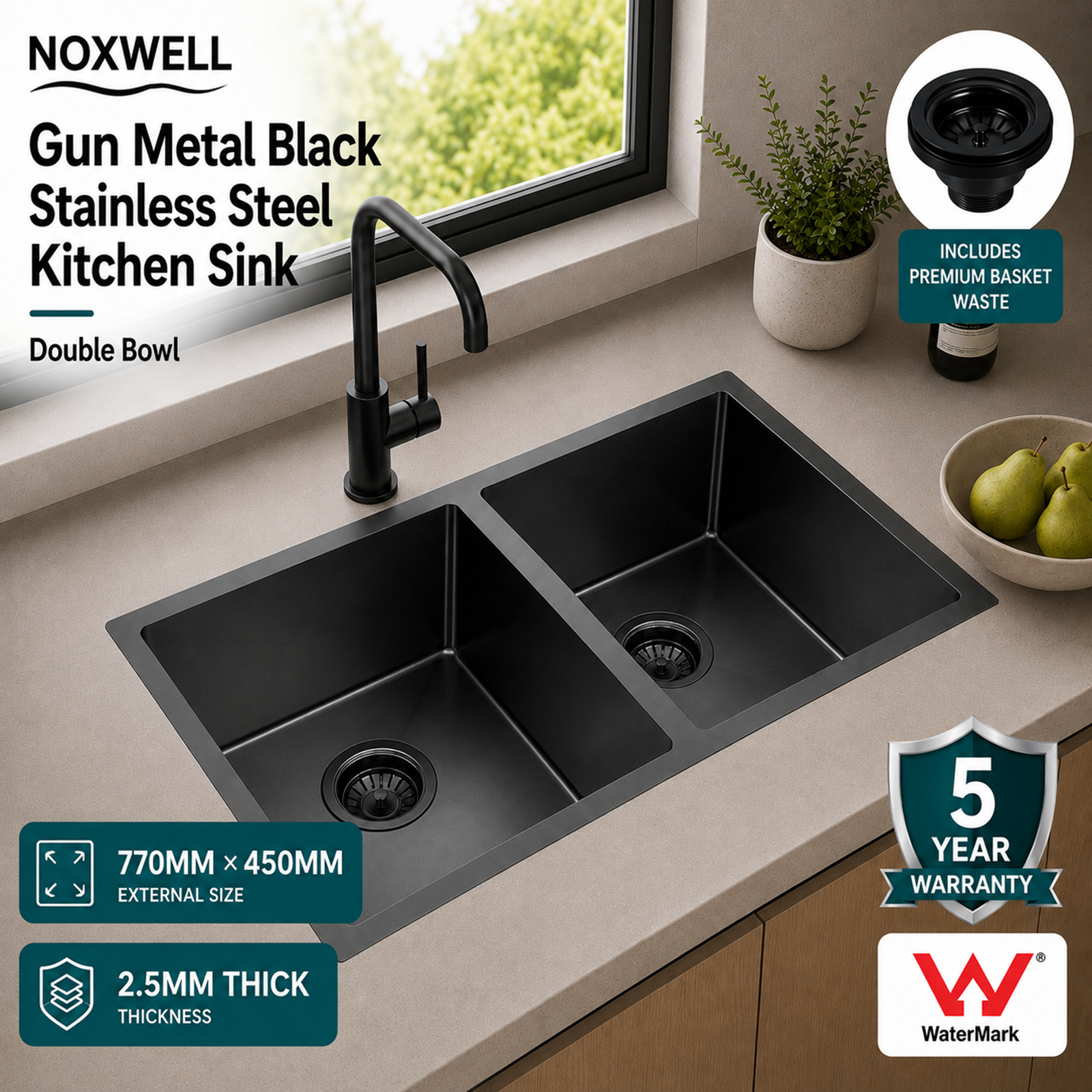 Gunmetal Black Kitchen Sink Double Bowl 770x450mm Noxwell KSBL-7745-D - KSBL-7745-D - 770x450mm