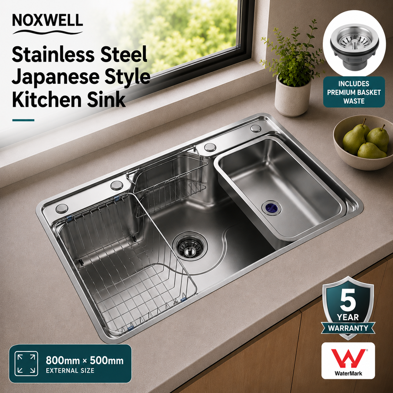 Brushed Stainless Steel Workstation Kitchen Sink Single Bowl with Accessories 802x502mm 220mm Deep Noxwell KSSV-8050 - KSSV-8050 - 802x502mm