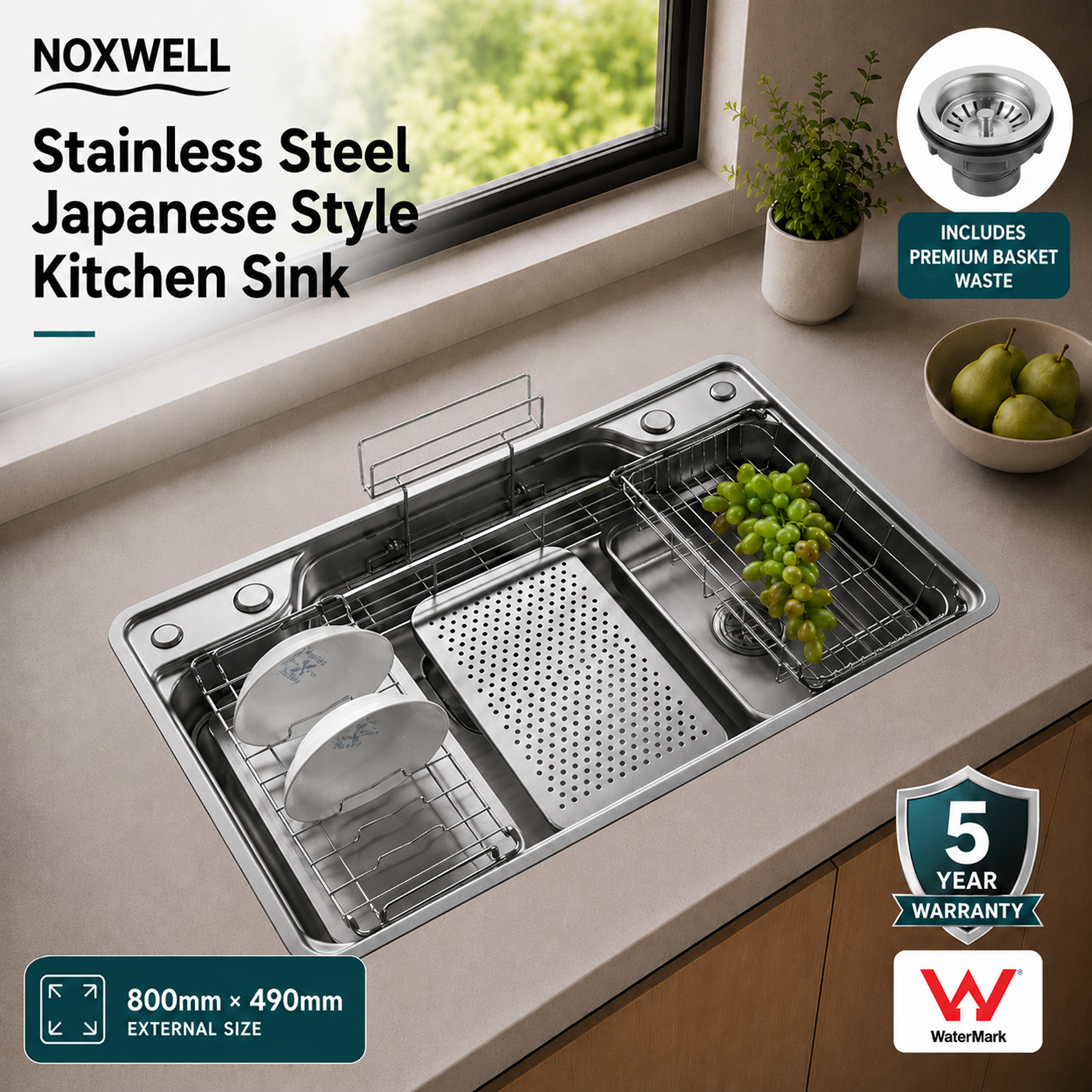 Brushed Stainless Steel Workstation Kitchen Sink Single Bowl with Accessories 802x492mm 270mm Deep Noxwell KSSV-8049 - KSSV-8049 - 802x492mm