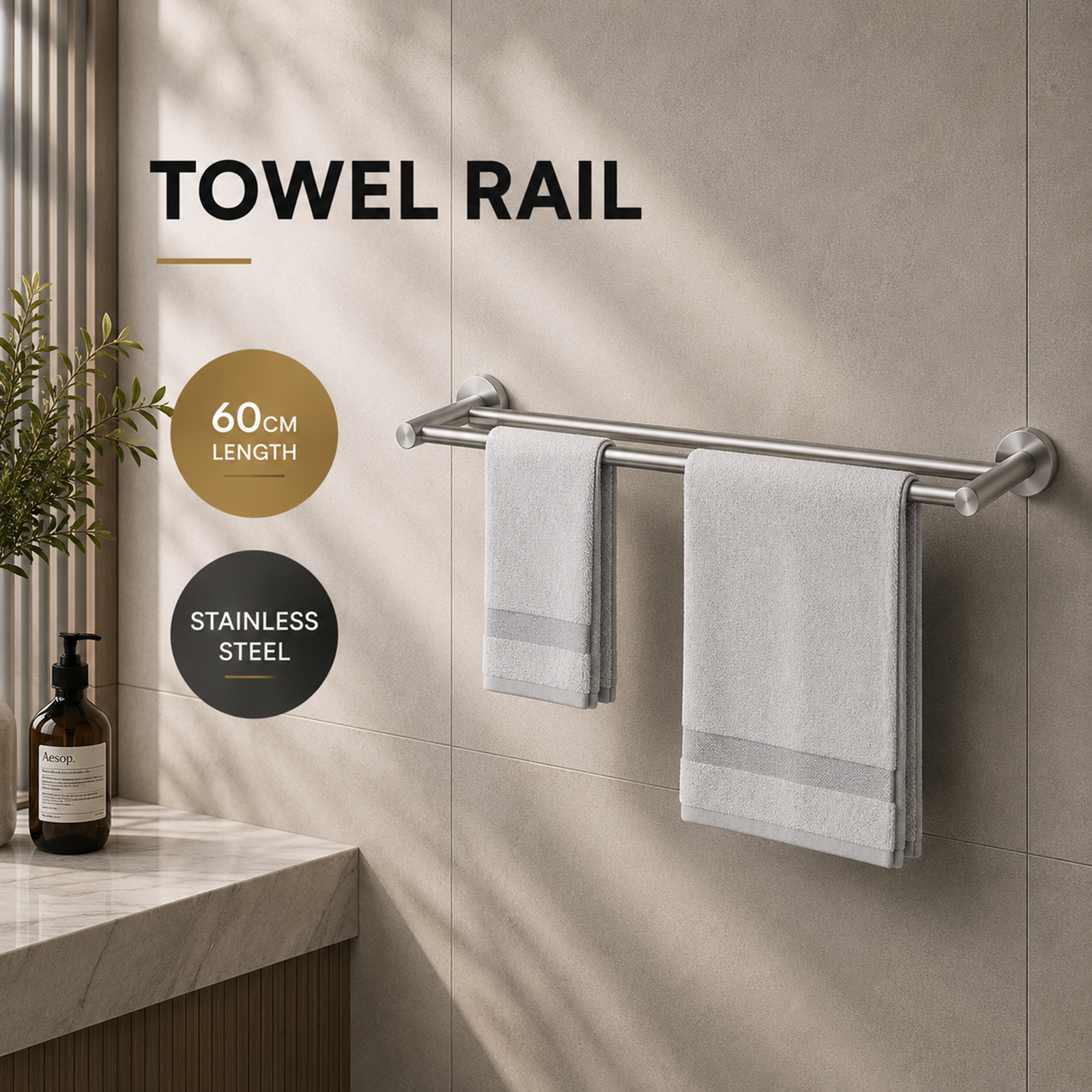 Brushed Stainless Steel Double Towel Rail 600mm Wall Mounted Noxwell BASV-3009
