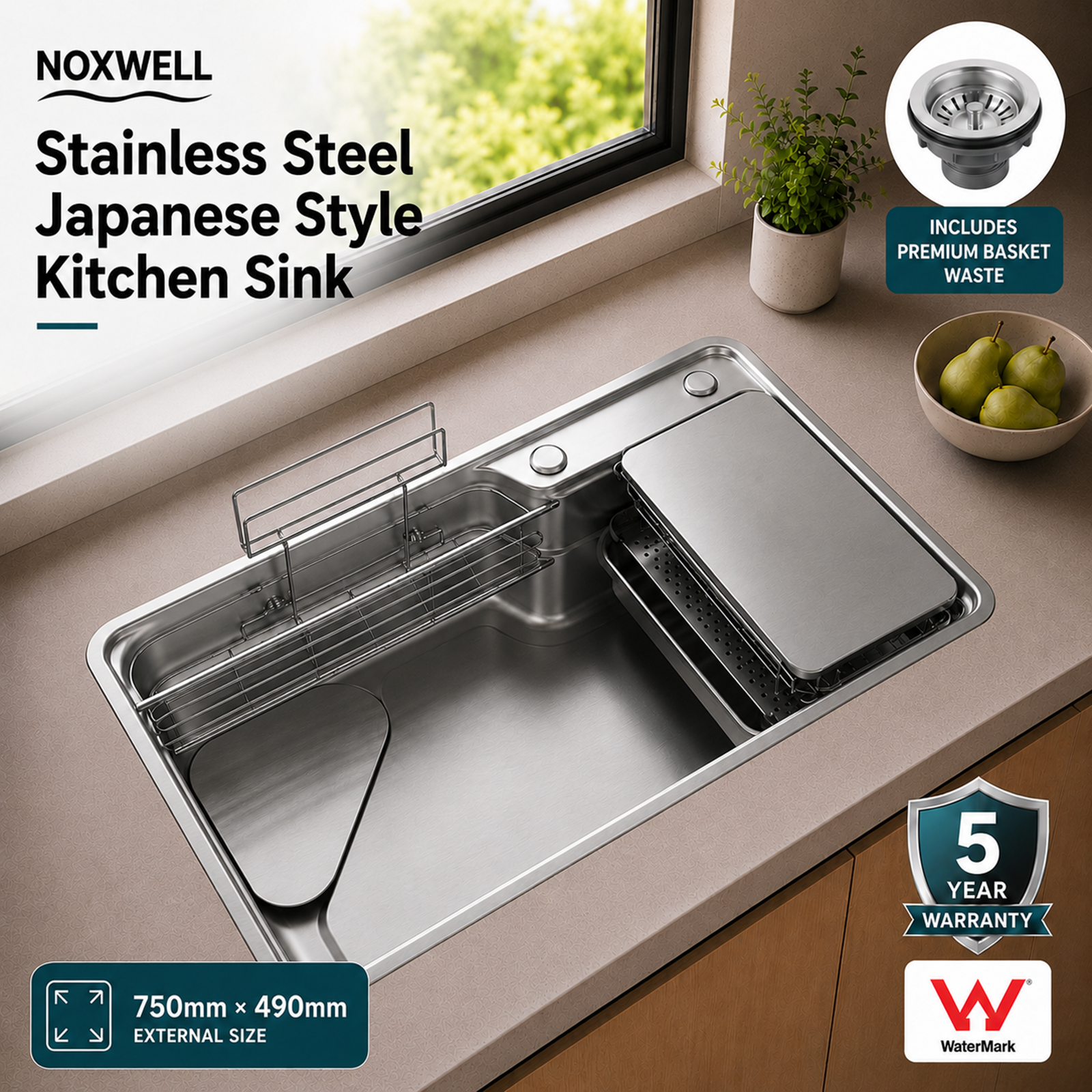 Brushed Stainless Steel Workstation Kitchen Sink Single Bowl with Accessories 752x492mm 240mm Deep Noxwell KSSV-7549 - KSSV-7549 - 752x492mm