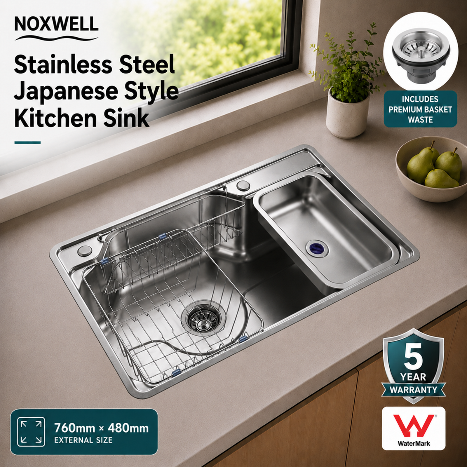 Brushed Stainless Steel Workstation Kitchen Sink Single Bowl with Accessories 762x482mm 220mm Deep Noxwell KSSV-7648 - KSSV-7648 - 762x482mm