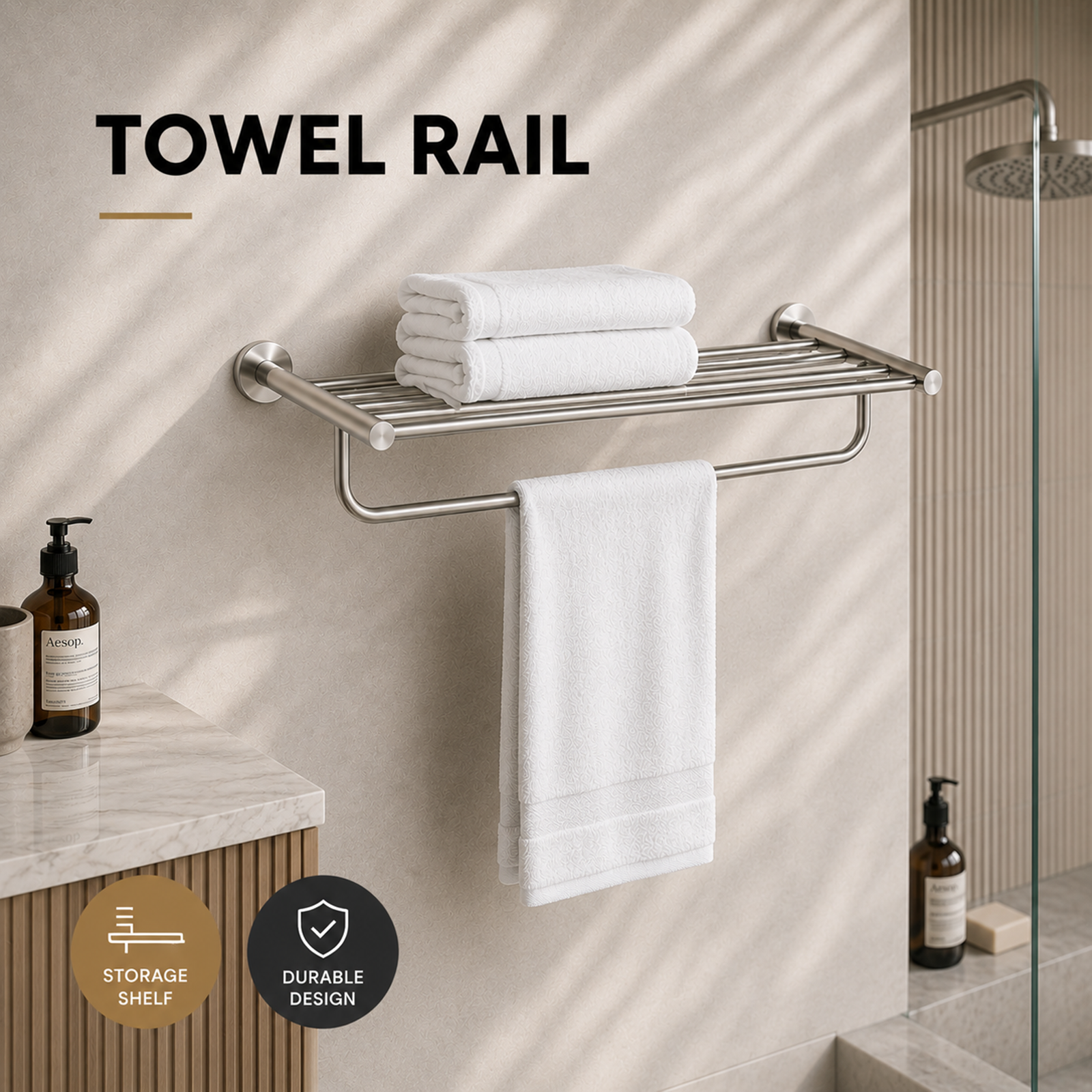 Stainless Steel Towel Rack with Rail 600mm Wall Mounted Noxwell BASV-3010