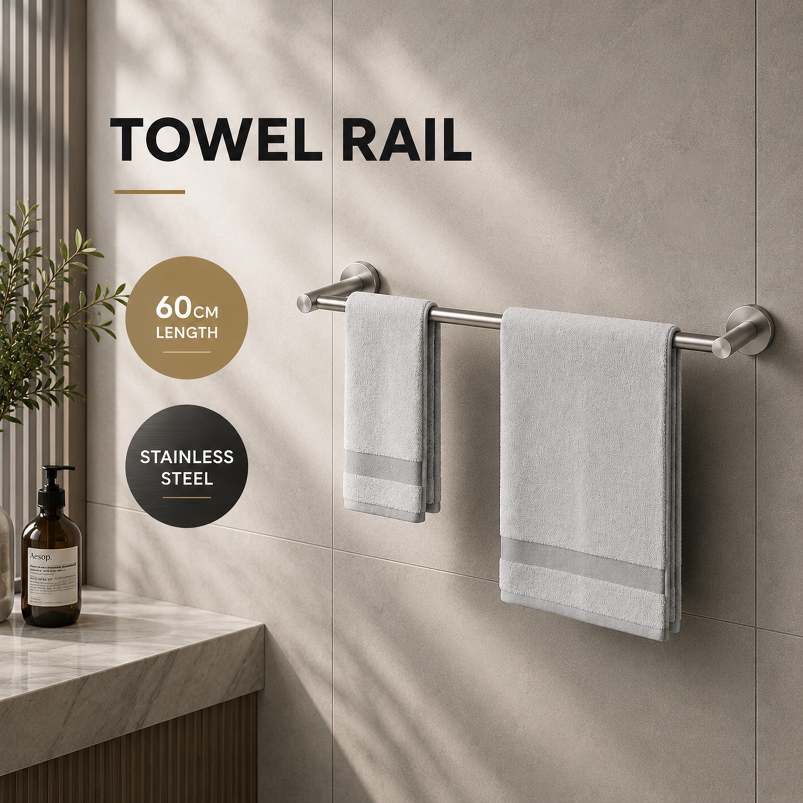 Brushed Stainless Steel Towel Rail 600mm Wall Mounted Noxwell BASV-3008 - Stainless Steel - 600mm - BASV-3008