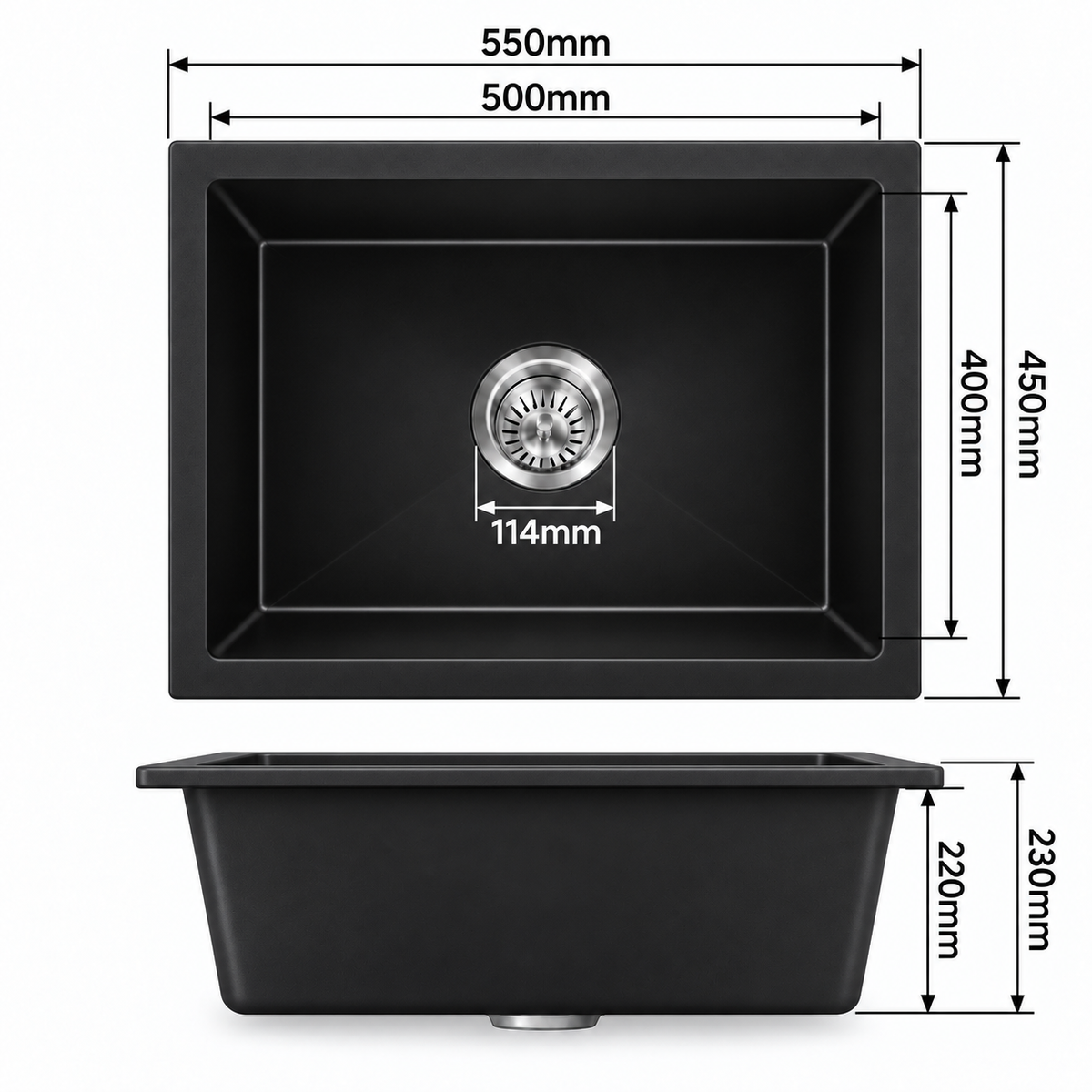 KGBL-5545 black granite sink dimensions 550 x 450 x 230 mm with 500 x 400 mm bowl