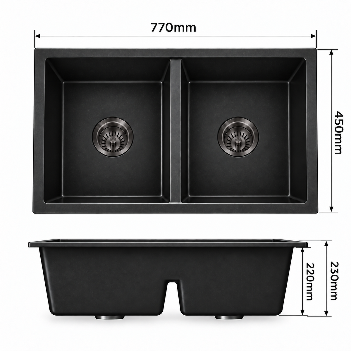 KGBL-7745 black granite double bowl sink dimensions 770 x 450 x 230 mm